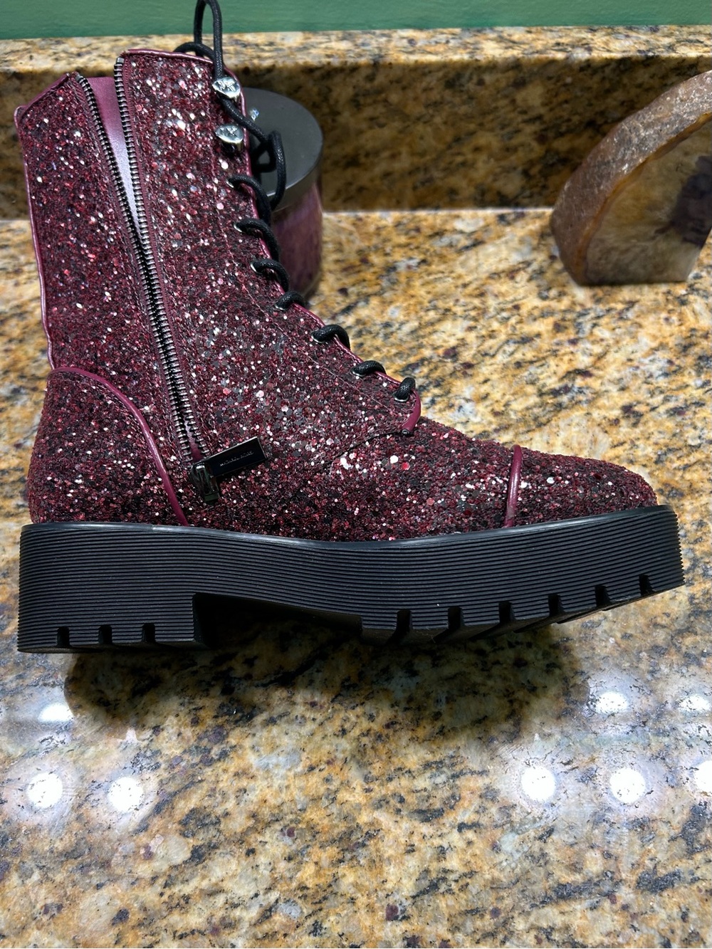 Michael Kors Burgundy Glitter Lace-Up Combat Boots - Picture 4 of 7